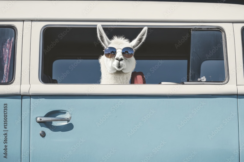 Fototapeta premium Hipster llama drives retro van on a summer road trip adventure