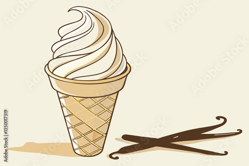 6 Creamy soft serve ice cream, golden waffle cone cup, swirled peaks, vanilla dessert, crispy texture, smooth and fluffy, single serving, white on beige, studio lighting, high resolution, product phot