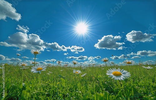 Bright Sunny Day With Daisies Blooming in a Lush Green Field Under a Vibrant ...