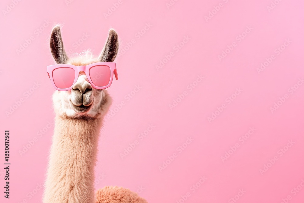 Fototapeta premium Playful llama in pastel pink sunglasses poses on vibrant pink backdrop