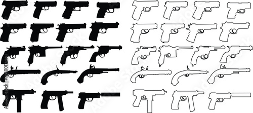 Pistol icon in flat, line set from army and war isolated on transparent background.