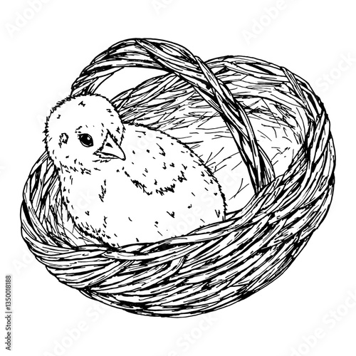A black and white ink illustration of a chick sitting in a woven basket. A spring Easter theme, suitable for greeting cards, decor, digital products, DIY, crafting and farm-themed materials