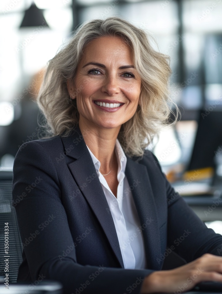 Obraz premium A smiling, grey-haired businesswoman in a modern office environment. She is wearing professional business attire and appears confident.