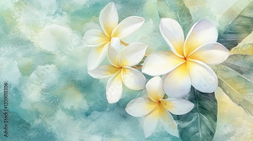 Delicate plumeria blossoms in a soft watercolor style