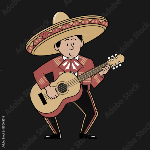 Mariachi musician wearing a traditional red charro suit and sombrero playing guitar