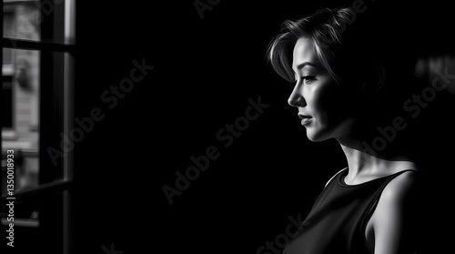 Contemplation at Dusk: A black and white portrait of a pensive woman gazing out a window, lost in thought against a backdrop of shadows.