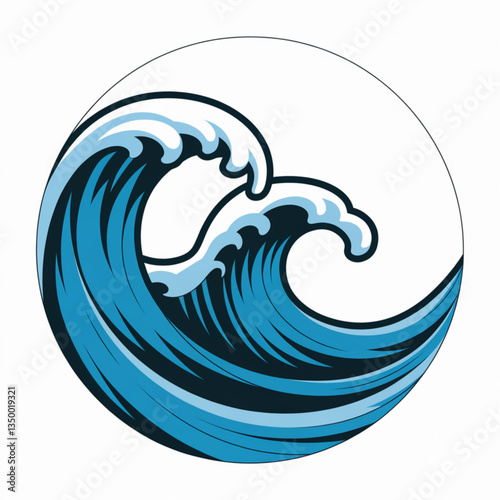 ocean wave logo with curling crests in deep blue and white highlights