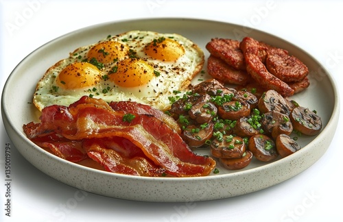 Delicious Breakfast Plate With Eggs, Bacon, Sausage, and Mushrooms Served at ...