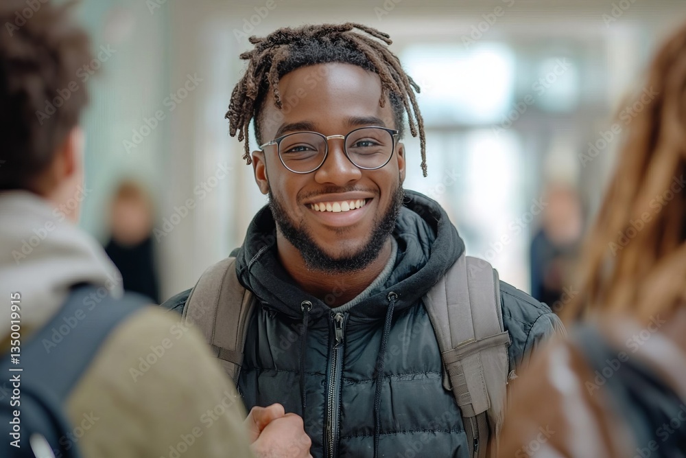 Obraz premium a friendly young man smiling at the camera in a school hallway, surrounded by his friends. He wears glasses and a backpack