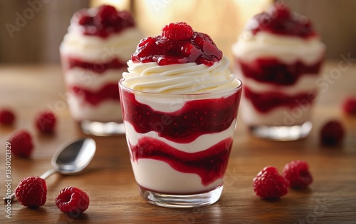 Delicious Raspberry Dessert Cups on Wooden Table With Natural Light