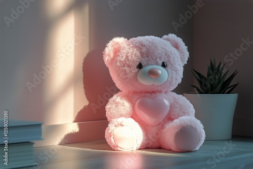Soft Pink Teddy Bear Holding a Heart on a Fluffy Background in a Cozy Indoor ...