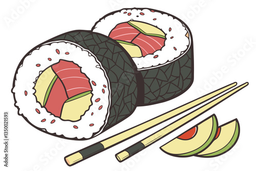 9 Sushi roll, chopsticks, maki, tuna, avocado, rice, nori seaweed, Japanese cuisine, close-up, vibrant colors, fresh ingredients, high contrast, white background, appetizing, food photography, detaile
