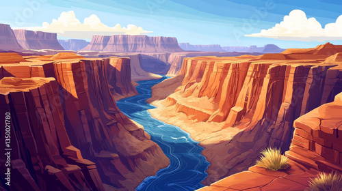 Grand Canyon with river on bottom, national park of Arizona state on Colorado stream. Red sandstone mountains, horizon with sand rocks and sky, nature landscape background, Cartoon vector illustration