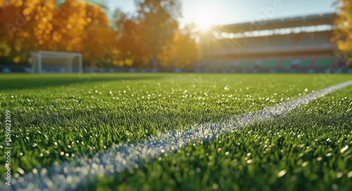 Early Morning Sunlight Shines on the Dewy Grass of a Soccer Field in a Serene...