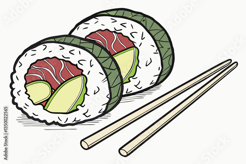 9 Sushi roll, chopsticks, maki, tuna, avocado, rice, nori seaweed, Japanese cuisine, close-up, vibrant colors, fresh ingredients, high contrast, white background, appetizing, food photography, detaile