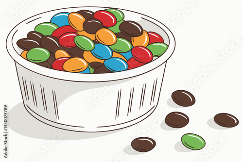 10 Colorful M&M candies, white ceramic bowl, vibrant candy colors, scattered chocolate pieces, close-up photography, bright lighting, crisp focus, glossy candy shells, primary colors, round shapes, sn