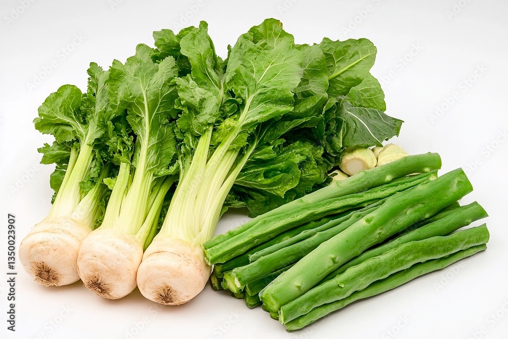 A vibrant arrangement of fresh vegetables showcases green beans alongside white roots with leafy tops, perfect for nutritious dishes and salads A vibrant arrangement of fresh vegetables showcases green beans alongside white roots with leafy tops, perfect for nutritious dishes and salads