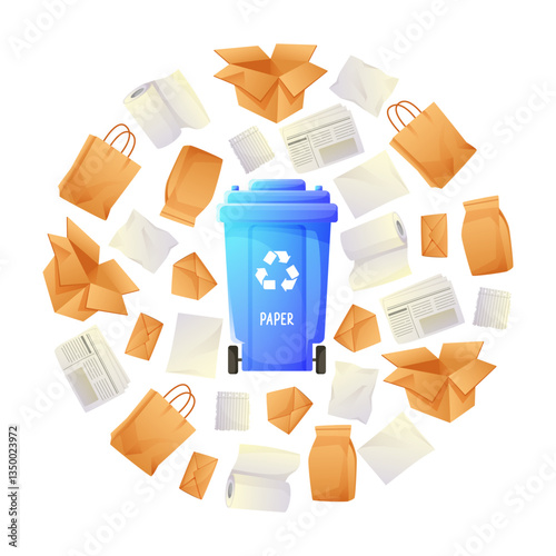 Round template, paper waste sorting, blue waste paper container, waste separation and recycling. Stickers, sorting game for children, teaching eco-friendly habits.