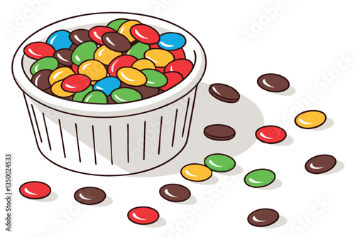 10 Colorful M&M candies, white ceramic bowl, vibrant candy colors, scattered chocolate pieces, close-up photography, bright lighting, crisp focus, glossy candy shells, primary colors, round shapes, sn