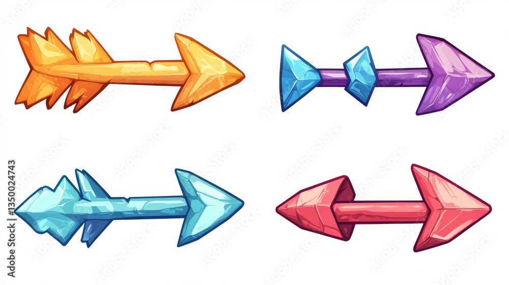 Fototapeta premium Set of game cursors or pointers icons, click arrows graphic design elements for user interface navigation, cartoon pointing symbols in technology style isolated on black background Vector illustration