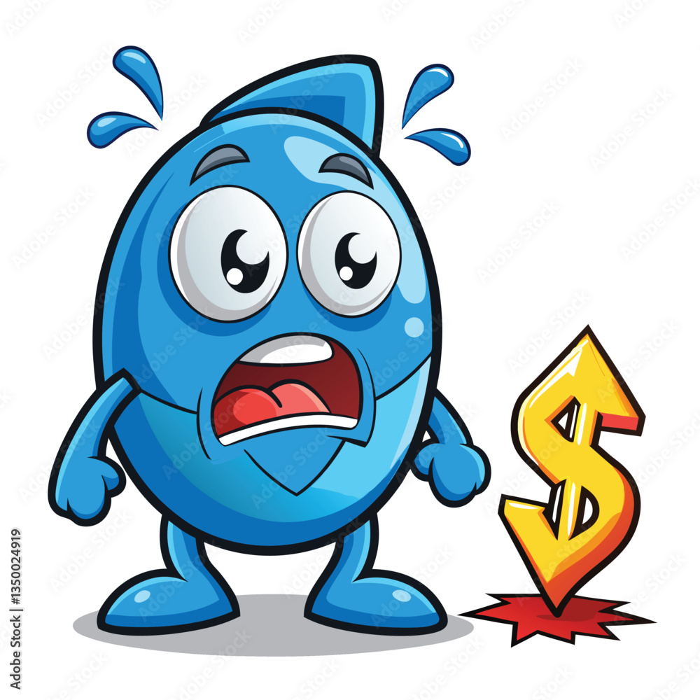 Blue water droplet character shocked by loss of money Blue water droplet character shocked by loss of money