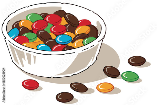 10 Colorful M&M candies, white ceramic bowl, vibrant candy colors, scattered chocolate pieces, close-up photography, bright lighting, crisp focus, glossy candy shells, primary colors, round shapes, sn