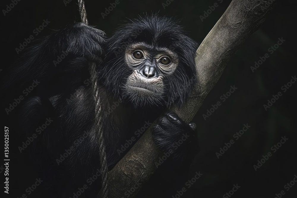 Obraz premium Siamang Monkey Suspended Playfully from Tree Branch in Lush Jungle Setting