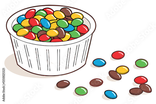 10 Colorful M&M candies, white ceramic bowl, vibrant candy colors, scattered chocolate pieces, close-up photography, bright lighting, crisp focus, glossy candy shells, primary colors, round shapes, sn