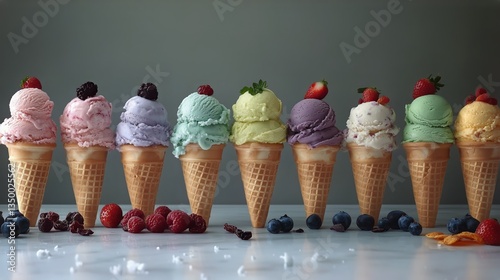 Colorful Ice Cream Cones Lined up on a Counter With Fresh Fruits Nearby