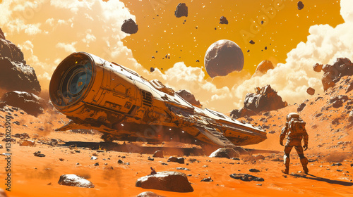 Fototapeta Naklejka Na Ścianę i Meble -  Astronaut and alien ufo spaceship crash landscape. Cosmonaut discovery saucer space ship in fantasy extraterrestrial desert after attack. Futuristic earth planet with boulder and starry sky view.