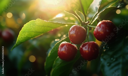 Bright Cherries Ripen on the Branch During a Sunny Day in a Lush Orchard