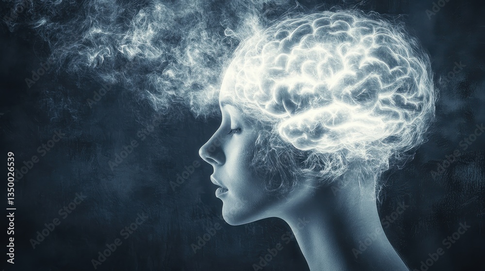 Fototapeta premium A human head silhouette reveals a glowing brain inside, symbolizing deep thought.