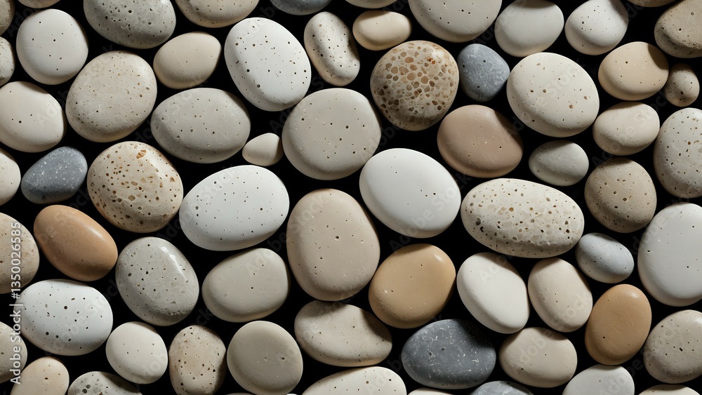 A collection of smooth river pebbles in various neutral tones, creating a calming and organic texture A collection of smooth river pebbles in various neutral tones, creating a calming and organic texture
