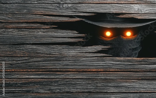 Halloween Western outlaw banner, glowing-eyed cowboy with tattered scarf, ghost town backdrop, rustic wooden sign with blank space for event details, eerie shadows photo