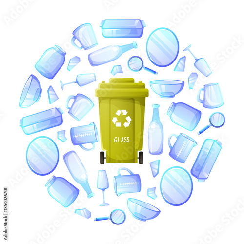 Glass waste in round template, glassware, green container, waste sorting, separation and recycling concept. Environmental protection, sustainable development, eco-friendly lifestyle.
