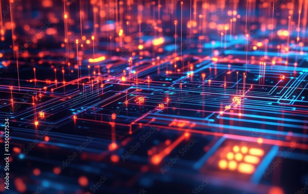 Obraz premium Futuristic digital circuit pattern glows with tech energy