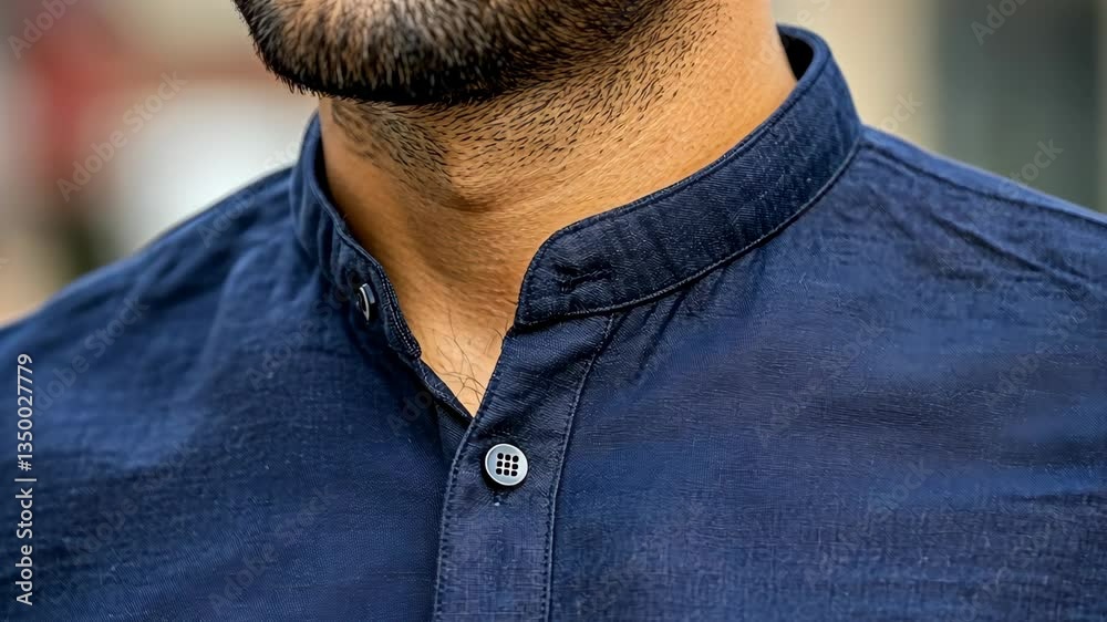 Close-up of a well-groomed man wearing a navy blue collared shirt during a sunny outdoor day