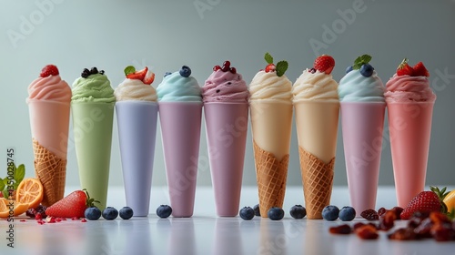 Colorful Ice Cream Cones Lined up on a Counter With Fresh Fruits Nearby