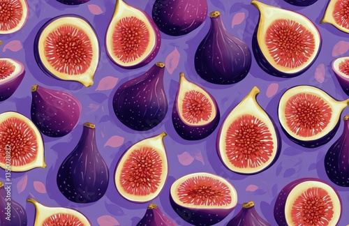 Colorful Figs Arranged on a Purple Background With Leaves for a Vibrant Decor...
