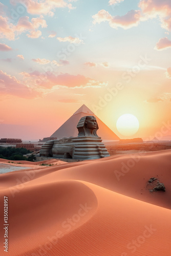 Sunset Over the Pyramids and Sphinx in the Desert