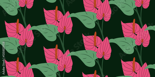 Seamless tropical pattern with Anthurium and green leaves. Elegant botanical dark background with pink flowers. Modern vector illustration for fashion print, wallpaper, fabric, wrapping paper