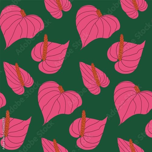 Seamless pattern with heart-shaped Anthurium. Bright botanical green background with pink flowers and stamens. Simple vector illustration for fashion print, wallpaper, fabric, wrapping paper