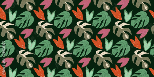 Seamless pattern with colorful Monstera and Caladium leaves. Tropical dark background with botanical foliage. Vector illustration in flat style for fashion prints, textile, wallpaper, interior design