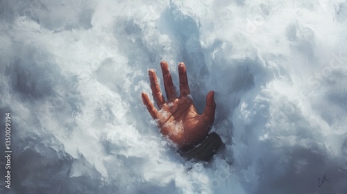 A lone hand breaks through the snow’s surface, a silent cry for rescue amid the avalanche.
