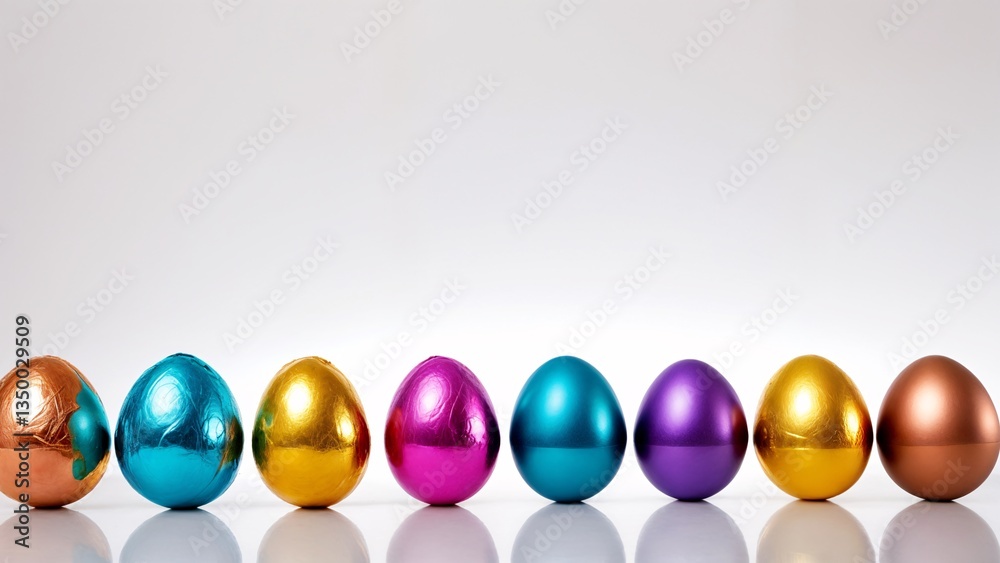 Naklejka premium A row of chocolate easter eggs lined up in a row on a reflective surface.