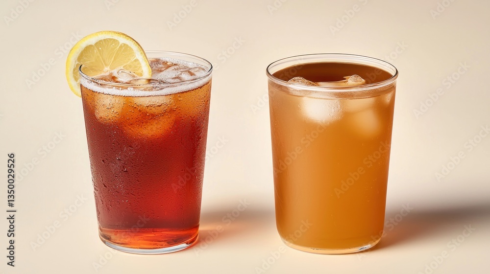 Iced tea, two glasses, lemon slice, studio shot, against beige background Iced tea, two glasses, lemon slice, studio shot, against beige background