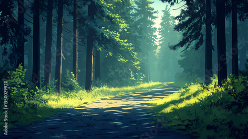 Serene forest path surrounded by lush greenery and dappled sunlight creating a tranquil atmosphere for nature lovers and hikers.