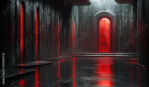 Mysterious Ancient Structure With Glowing Red Light in a Dark Environment