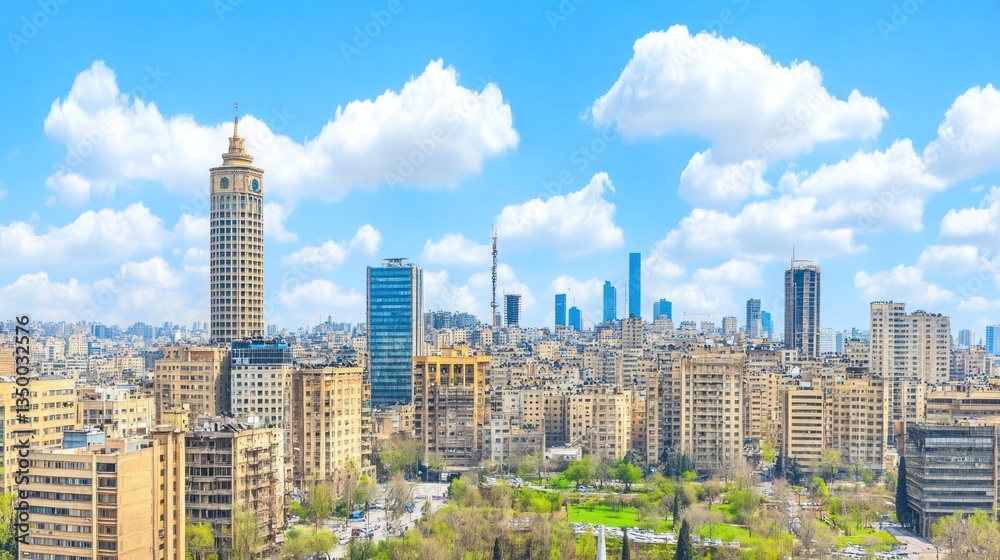 Fototapeta premium Cityscape of modern and historic buildings under a vibrant blue sky