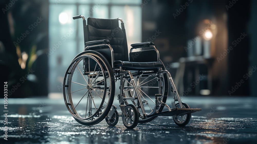 Obraz premium Empty Wheelchair in a Dark Hallway: A Symbol of Solitude and Accessibility